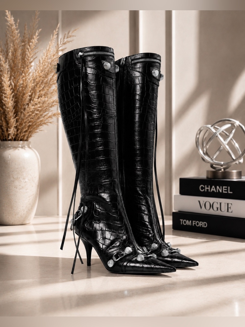 Synchoiss Women’s Knee High Stiletto Boots Sz 9.5 Black Croc Pointed Toe NIB